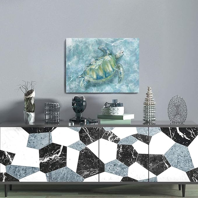 YJYart Bathroom Wall Decor Sea Turtle HD Pictures Print on Canvas Wall Art for Bedroom Kitchen Blue Coastal Room Decorations Art Work Green Turtle on Blue 12x16 inches
