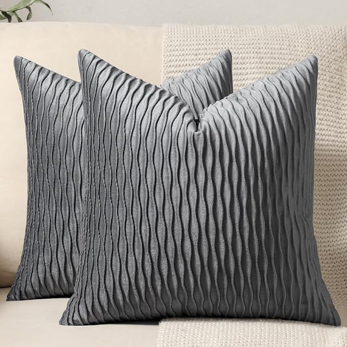 Grey Striped Decorative Pillow Cases: 2 Pack 24x24 Inch Original Velvet Square Throw Pillow Covers for Farmhouse Couch