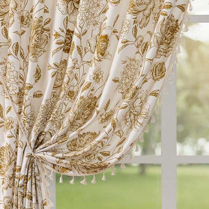 F-CHU Farmhouse Floral Curtains 84 Inch Length for Living Room Bedroom 2 Panels Cotton Linen Curtains Brown Patterned Flower Boho Rustic Window Drapes 55x84