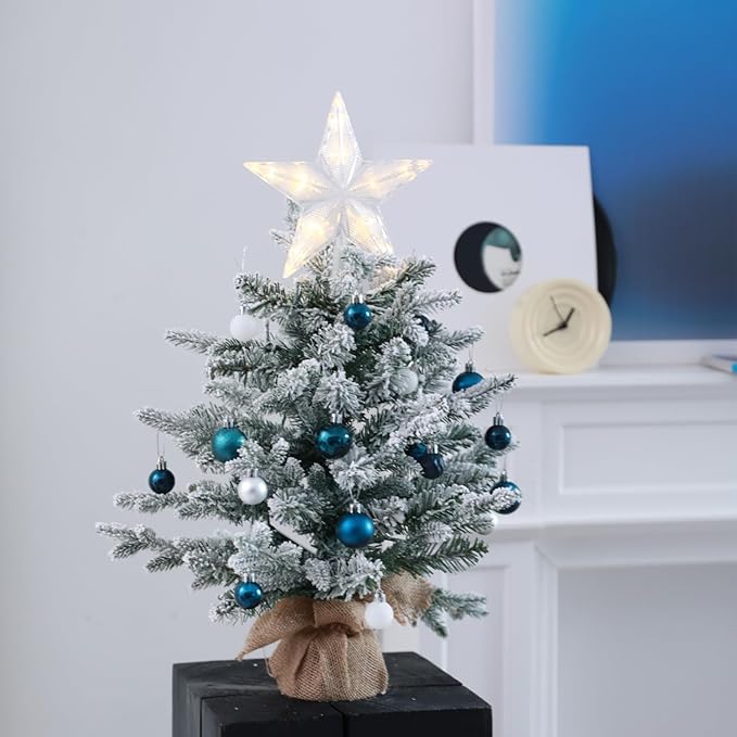 2ft Snow Flocked Prelit Small Christmas Tree Decorations with 35 Dual-Color LED Lights, Lighted Mini White Xmas Tree Artificial for Tabletop Mantle with 157 Tips, Burlap Base,Battery-Operated