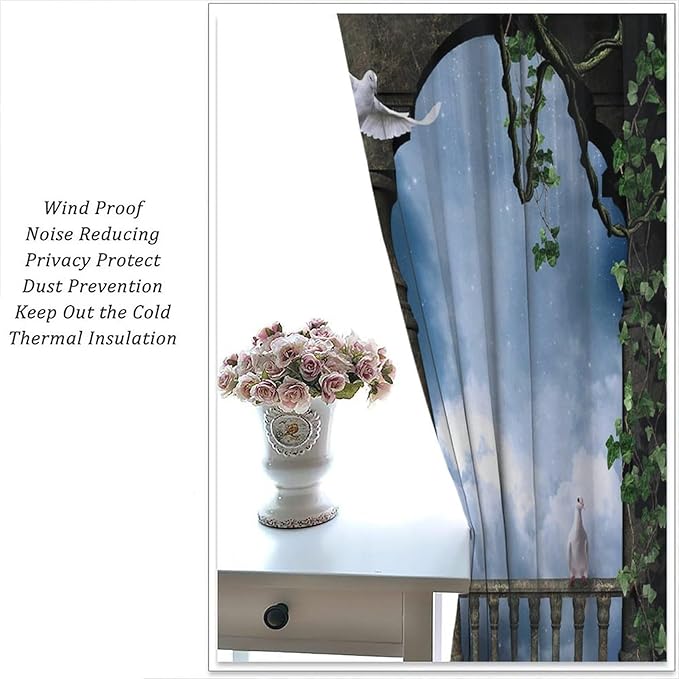 Gothic Castle Arch Blackout Curtains, Mid Century Balcony and Doves Vintage Style Rod Pocket Window Drapes, for Living Room Bedroom 27.5(W)*63(L) 2 Panels