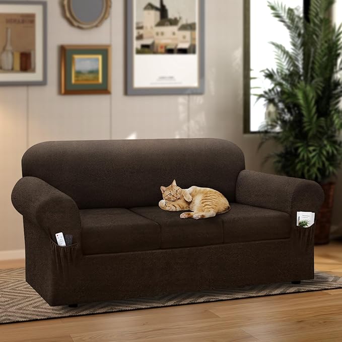 Sofa Slipcover with Armrest Pockets 4-Piece Set, Stretch Faux Leather Couch Cover for 3-Cushion Couches(Fits 72-92") - Non-Slip, Machine Washable, Pet & Kid Friendly - Brown