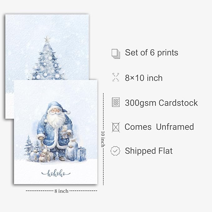 WINDVALE Blue Christmas Wall Art Prints – Nordic Holiday Posters with Santa, Snowman, Nutcracker & Tree – Cozy Winter Farmhouse Decor for Living Room or Fireplace (8x10 Unframed)
