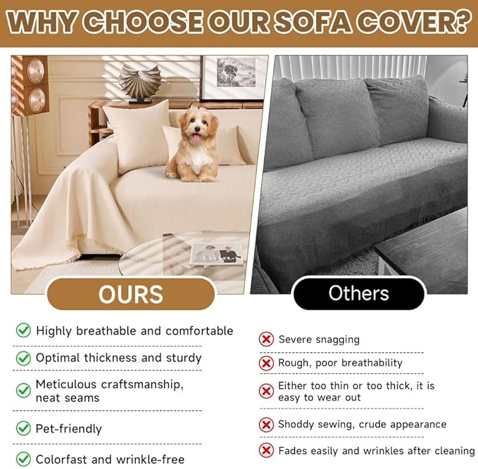 ROOMLIFE Boho Couch Covers White for 3 Cushion Sofa,Couch Cover Sectional Sofa Cover for Dog, Washable Furniture Sofa Protector Cover Soft Blanket with Tassel for Living Room, 71''X134''