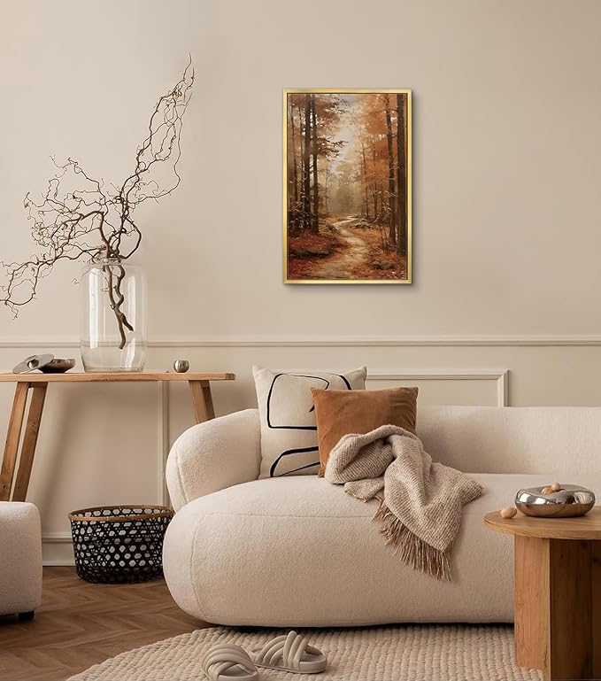 AIMAILON Vintage Gold Canvas Wall Art Framed Decor Classical Autumn Forest Trail Nature Theme Landscape Artwork Botanical Aesthetic Picture Home Interior Decoration 12x18