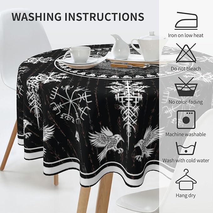 Norse Viking Tablecloth, Nordic Mythology Crow Helmet of Awe Ancient Mythical Viking Raven Print Water Resisitant Table Cover for Dining Kitchen Living Room Home Party Holiday Decor 36 inch Round