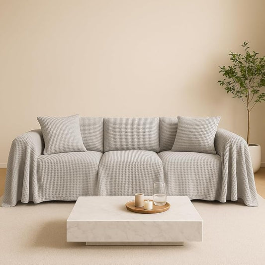Washable Couch Cover %100 Cotton - Perfect for L-Shape, U-Shape & Sectional Sofas, Light Gray Couch Cover, Extra Large Sofa Cover, 3, 4 Seater Slip Cover (Light Gray, 91x134 inches - 230x340 cm)