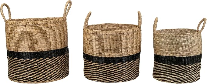Woven Table and Floor Cylindrical Seagrass Baskets - Black and Beige - Set of 3