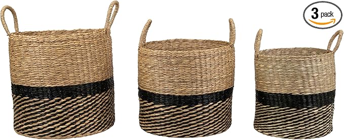 Woven Table and Floor Cylindrical Seagrass Baskets - Black and Beige - Set of 3