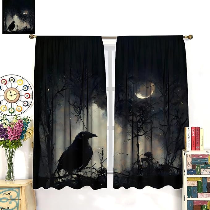 Gothic Halloween Crow Blackout Window Curtains, Black Birds Crow Crow Black Dark Decor Window Drapes, for Home Bedroom Living Room 36(W)*63(L) 2 Panels