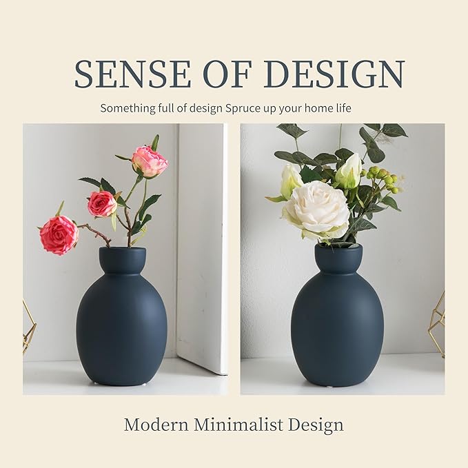 Blue Ceramic Vase, Small Modern Decorative Terracotta Flower Vases for Table, Living Room, Shelf, Bookshelf and Entryway Decor