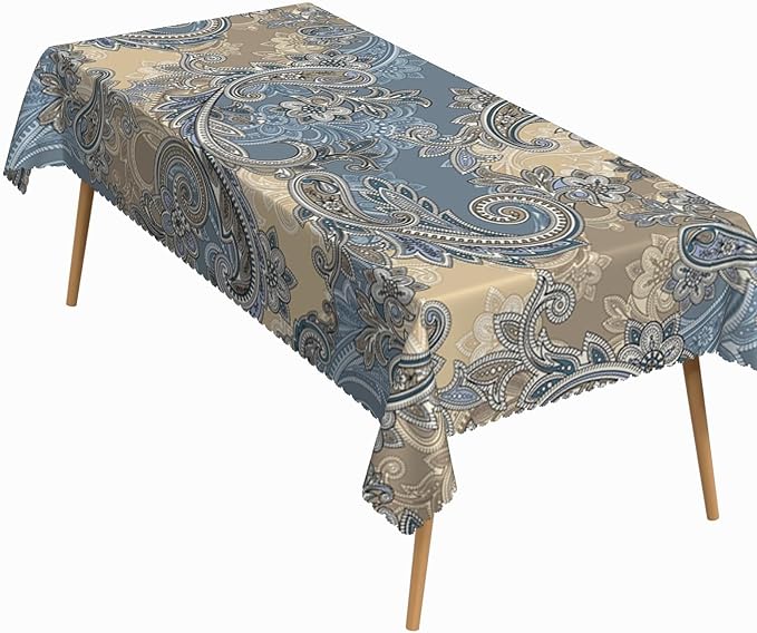 60x120 Inch Vintage Paisley Rectangular Tablecloth Blue Beige Elegant Bohemian Floral Table Cloth Wahable Durable Table Cover for Kitchen Dining Banquet Garden Patio Home Party