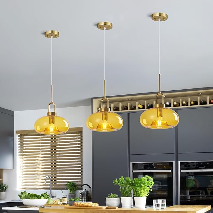 Yellow Glass Pendant Lights Kitchen Island Gold Pendant Light Fixtures Adjustable Height Modern Pendant Lighting for Bedroom Dining Room (11.02 in 1-Pack)