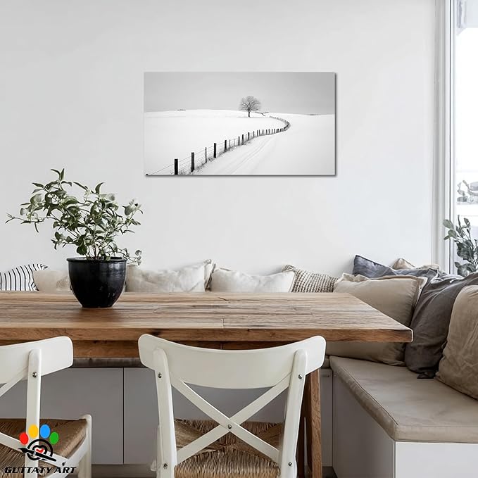 GUTTATY Christmas Winter Scene Canvas Wall Art, Snowy Farm Fence and Tree Pictures, Monochrome Print with Minimalist Artwork Style, Peaceful Posters for Living Room Bedroom Decor, 16x8 Inch