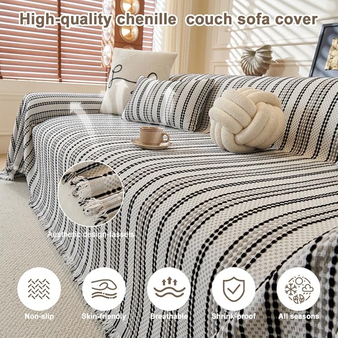 ROOMLIFE Thicked Striped Boho Black &Gray Couch Cover for 2-3 Cushion Sofa, Chenille Sofa Slipcovers Sectional Sofas Covers for Dog, Non Slip Washable Furniture Protector Soft with Tassel 71''X150''
