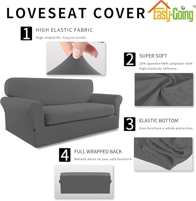 Easy-Going 2 Pieces Microfiber Stretch Sofa Slipcover – Spandex Soft Fitted Sofa Couch Cover, Washable Furniture Protector with Elastic Bottom Kids, Pet (Loveseat, Grey)