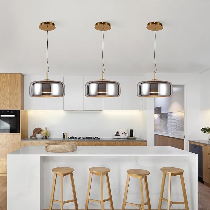 Modern Glass LED Pendant Light with Remote,15'' Stepless Dimmable & CCT Adjustable Hanging Height, 25W Modern Gold Finish for Dining Room, Living Room, Bedroom, Ash Gray