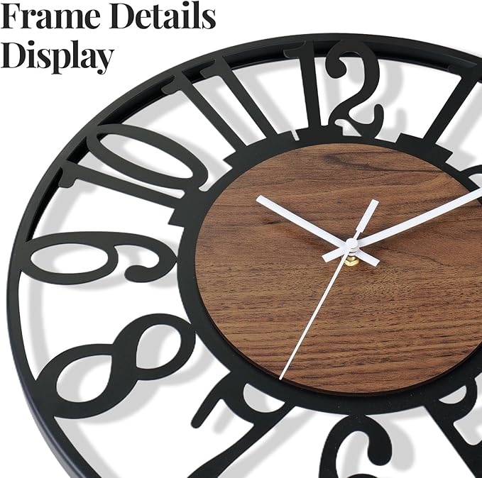 Cuspin 24 inch Large Wall Clock for Living Room Decor, Decorative Metal and Wood Wall Clock Battery Operated Silent Non Ticking, Modern Farmhouse Black Round Big Clocks -Arabic Numerals