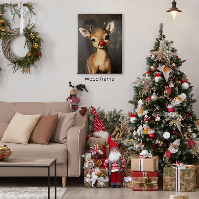 Christmas Reindeer Wall Art Winter Cute Whimsical Animal Canvas Poster 24x36 inch Framed Vintage Red Nose Deer Painting Prints for Rustic Living Room Bedroom Wall Decor