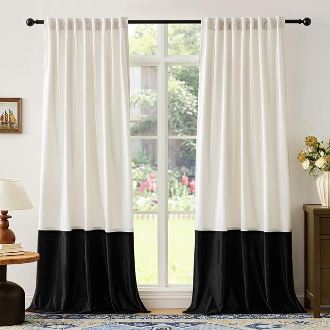 Velvet Curtains 84 inches Long for Living Room Cream Ivory Black,2 Panels Blackout Curtains Modern Color Block Back Tab Rod Pocket Soundproof Drapes for Bedroom Window Decor