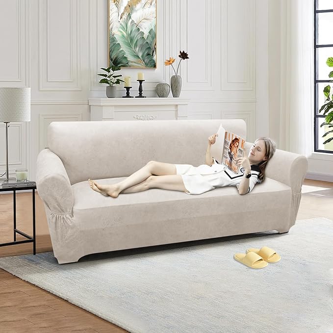 Loveseat Sofa Slipcover Leather Look Couch Covers for 2 Seater Couch Sofa 1-Piece Sofa Cover Stretch Furniture Protector with Elastic Bottom & Pockets(Loveseat, Beige)