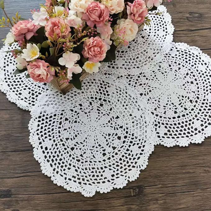 PHANTOMON Crochet Doilies Handmade Round Cotton Lace Table Placemats Knitted Tablecloth, Star Pattern Rippled Edge, Pack of 4 (12 Inch, White)