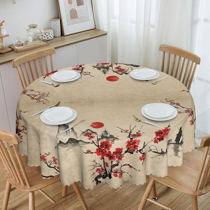 Cherry Blossom Tablecloth, Traditioanal Japanese Landscape Oriental Chinese Floral Vintage Water Resisitant Wipeable Table Cover for Dining Kitchen Living Room Home Party Holiday Decor 60 inch Round
