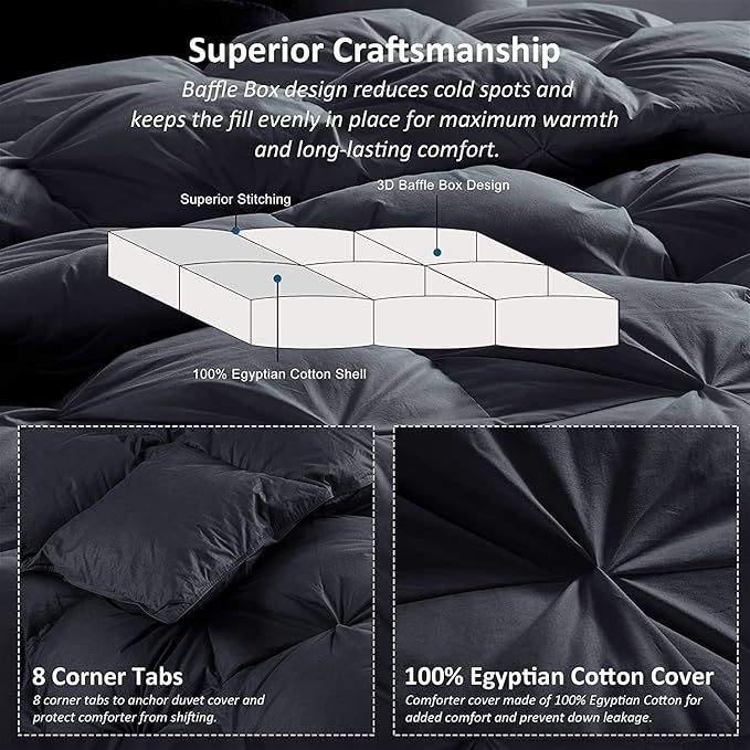 Luxurious Twin/Twin XL Goose Down Comforter, Unique Black Pinch Pleat, 600 Thread Count, 100% Egyptian Cotton Cover, 65 Oz Fill Weight, 750 Fill Power