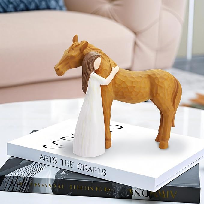Horse Gifts for Women - Hand-Painted Sculpted Resin Figurine Statue, Girl Embracing Horse Statue Decor Gifts for Girls, Memorial Keepsake for Cowgirls & Equestrians for Birthday