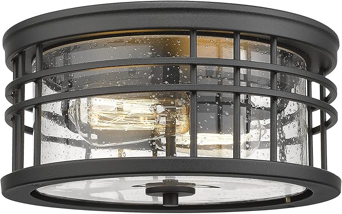 zeyu Flush Mount Ceiling Light, 2-Light Farmhouse Semi Ceiling Light Fixture for Kitchen Hallway 12 Inch, Black Finish with Seeded Glass, ZW01-F BK