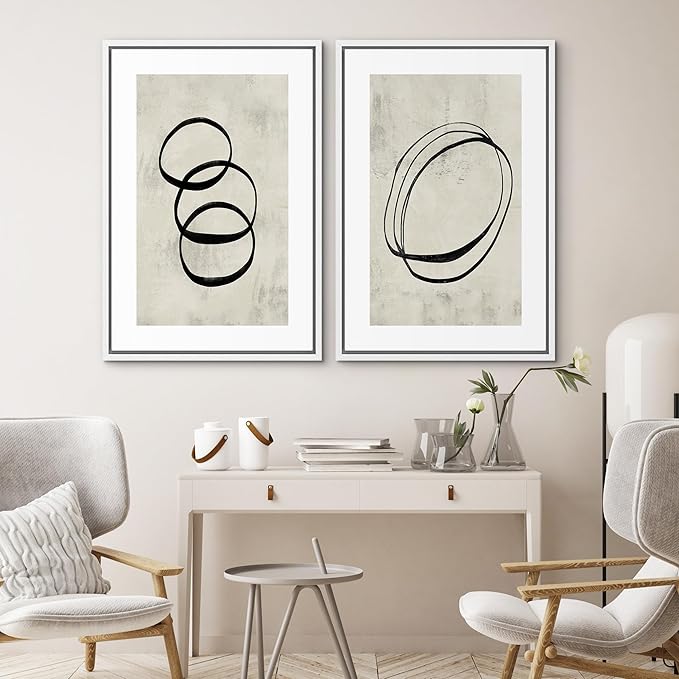 SIGNWIN Framed Canvas Print Wall Art Set Black Tan Ring Spiral Collage Abstract Shapes Cozy Neutral Modern Art Decorative Nordic Multicolor for Living Room, Bedroom, Office - 16"x24"x2 White