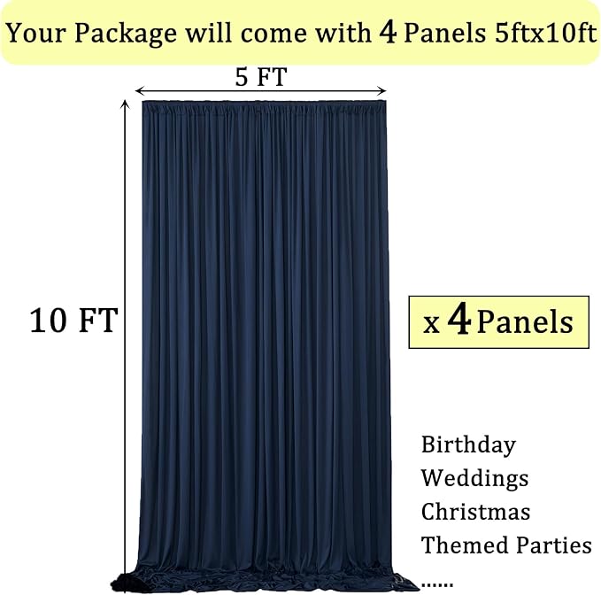20ftx10ft Wrinkle Free Navy Blue Backdrop Curtains for Parties, 4 Panels 5x10ft Silky Polyester Photo Backdrop Drapes for Wedding Birthday Graduation Photography Background Stand