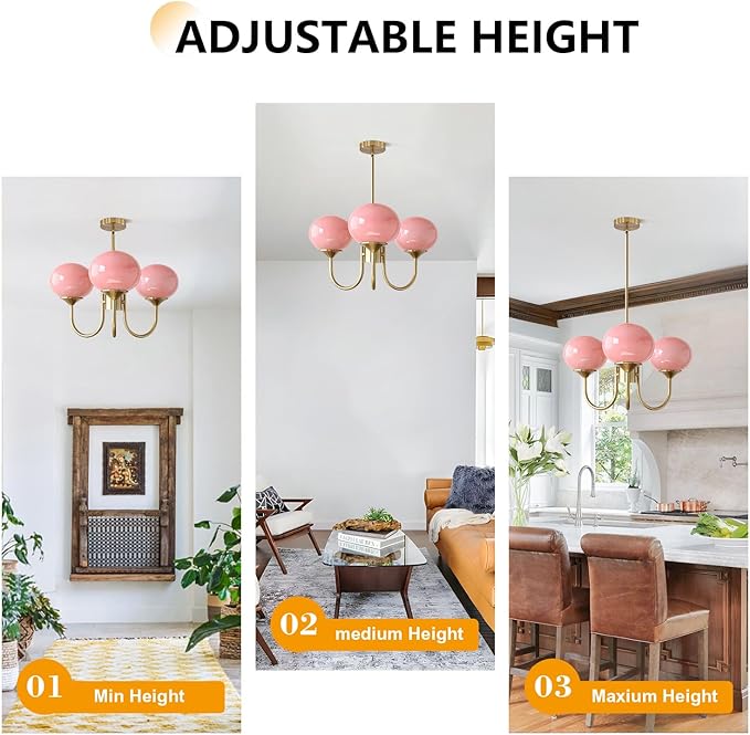 BOKT Modern Pink Sputnik Chandelier Brushed Gold Globe Sputnik Light Fixture 3 Light Mid Century Glass Pendant Lights Height Adjustable Vintage Large Ball Chandeliers Light