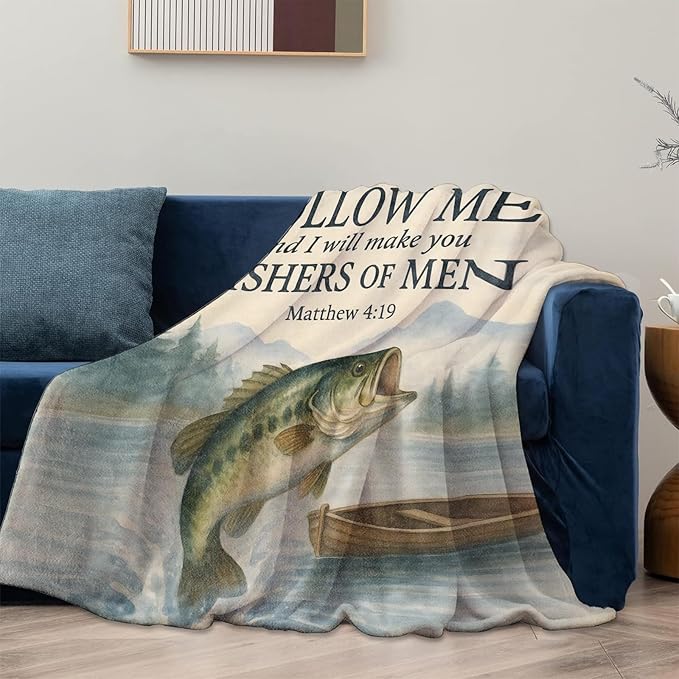 Christian Fishing Blanket Gifts for Women Girls Kids, Soft Warm Lightweight Flannel Bass Fish Throw Blankets for Bedroom Living Room Home Sofa Home Decor 60" x 80"