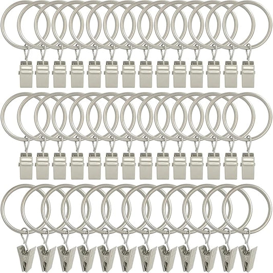 40 Pack Curtain Rings with Clips, Curtain Clip Rings Hooks, Bow Hanger Clips for Hanging Drapery Drapes Bows, Ring 1.26 inch Interior Diameter, Fits up to 1" Rod, Matte Silver