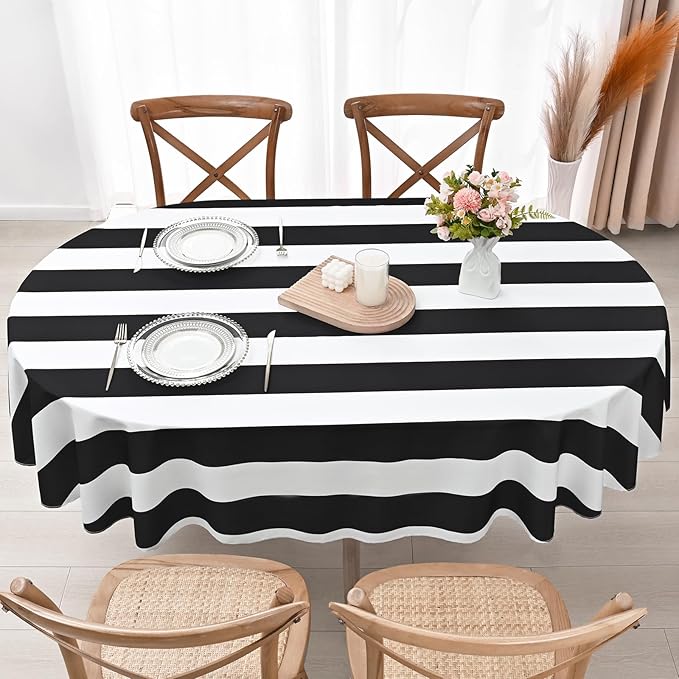 ASPMIZ Black and White Striped Tablecloth for Oval Tables, Geometric Stripe Waterproof Table Cloth for Kitchen Dining Room, Polyester Tablecloth Oval 60” x 84"