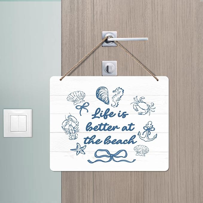 Udinaz Preppy Beach Hanging Sign, Coastal Beachy Wall Decor, Coquette Blue Bow Seashell Life Is Better at the Beach Hanging Wood Plaque Decor for Home Girls Bedroom Room Dorm Wall Door Decorations
