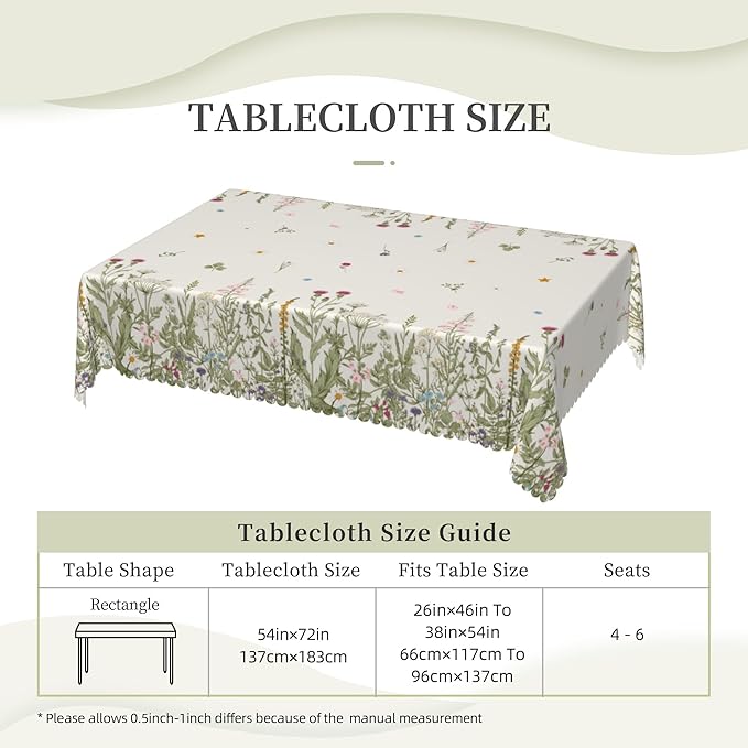 Floral Tablecloth Blooming Wild Flower Rectangle Tablecloth Floral Botanical Style Table Cover 54×72 Inch Washable Table Cloth for Kitchen Dining Room Party Decoration