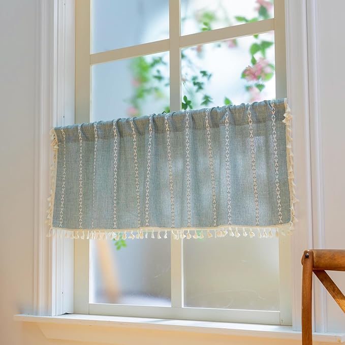 Sutuo Home Boho Linen Curtains Valance for Windows Tiers, Bohemian Short Curtains Light Filtering Country Vintage Tassels Window Treatment Long Stripes, Rod Pocket 1 Panel 52" W x 18" L, Greyish Blue
