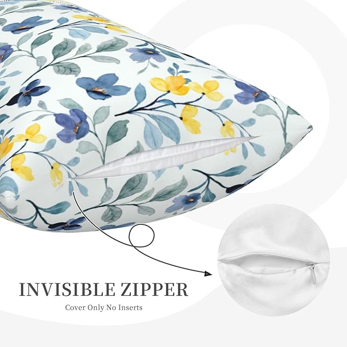 Spring Flowers Lumbar Pillow Covers 12x20 Inch Set of 2 Blue and Yellow Flower Throw Pillow Cover Vintage Plant Floral Pillowcase Cushion Cases for Home Couch Bed Sofa