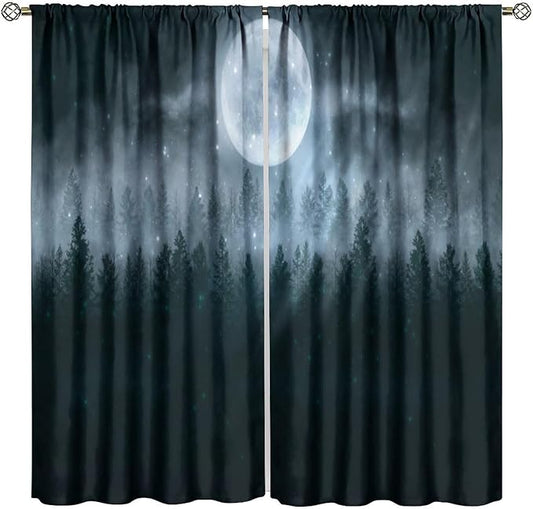 Gothic Forest Moon Blackout Curtains, Black Tree Foggy Moon Star Halloween Nature Starry Horror Window Drapes, for Living Room Bedroom 31.5(W)*63(L) 2 Panels