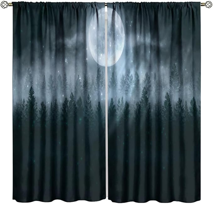 Gothic Forest Moon Blackout Curtains, Black Tree Foggy Moon Star Halloween Nature Starry Horror Window Drapes, for Living Room Bedroom 27.5(W)*63(L) 2 Panels