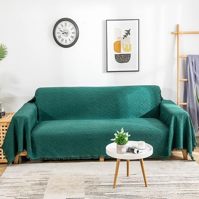 AIVIA Couch Cover Sheet Blanket, Oversized Covers for 3-4 Cushion High Backrest Sofa, Extra Large Furniture Decoration Sofa Slipcovers, L Shape U-Shaped Sectional Protector, Blackish Green 91"x134"
