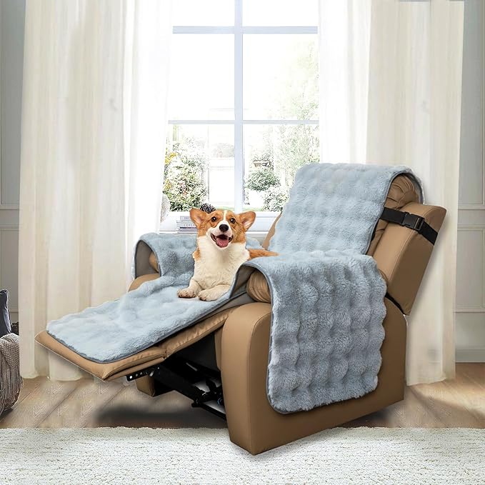Plush and Fuzzy Shaggy Couch Cover, Dog Pad Faux Fur Sofa Cover, Water Resistant Slipcover, Non-Slip Furniture Protector for Kids,Dogs,Cats.(Light Gray-Bubble, Medium Recliner)
