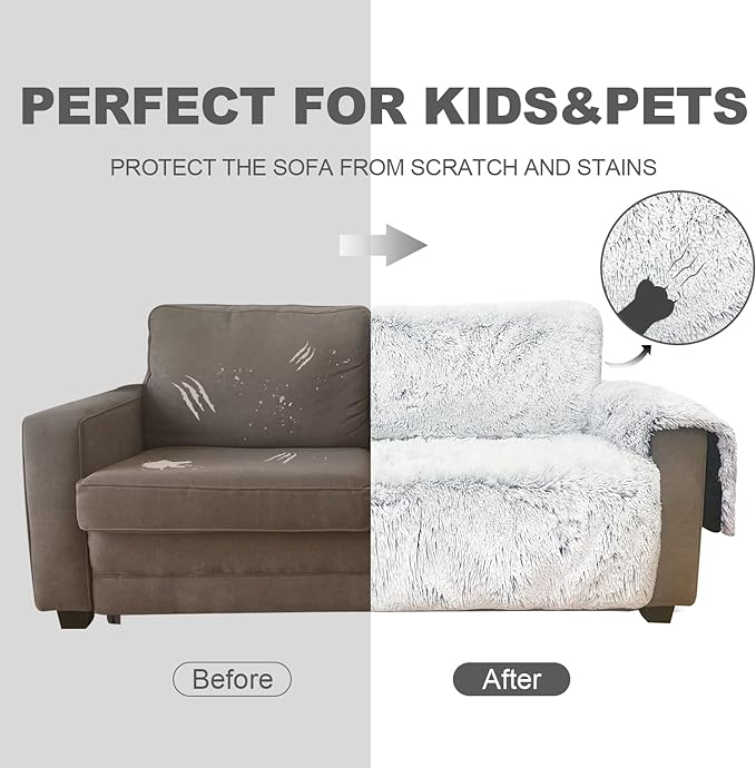 Plush and Fuzzy Shaggy Couch Cover, Dog Pad Faux Fur Sofa Cover, Water Resistant Slipcover, Non-Slip Furniture Protector for Kids,Dogs,Cats.(Magic Gray, Small-XL Chair)