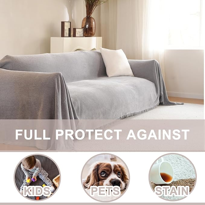 Thick Chenille Herringbone Couch Cushion Covers for Loveseat Recliner Sofa Throw Cover for Living Room Multi-Use Decorative Couch Protector for Pets(Grey, Large, 71" x 118")