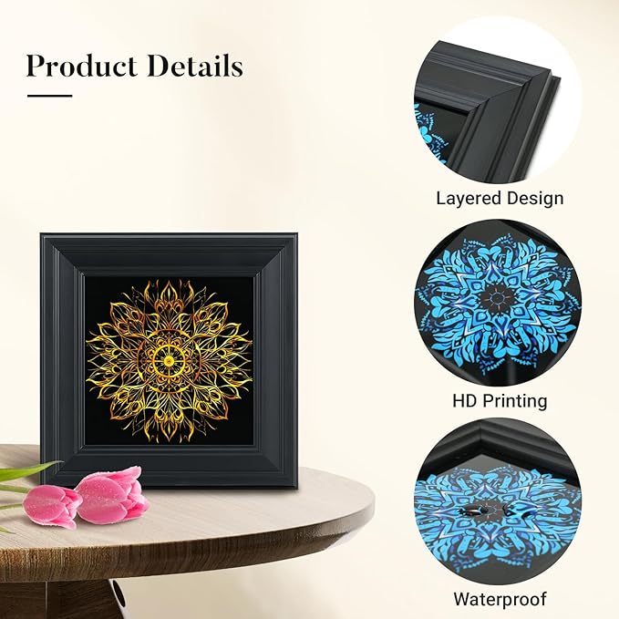 Brivoria Mandala Wall Art Home Decor, Golden Geometric Artwork with Layered Frame Structure, Modern Spiritual Accent for Bedroom Yoga Room Reading Nook or Study, Wall and Tabletop Display, 12x12