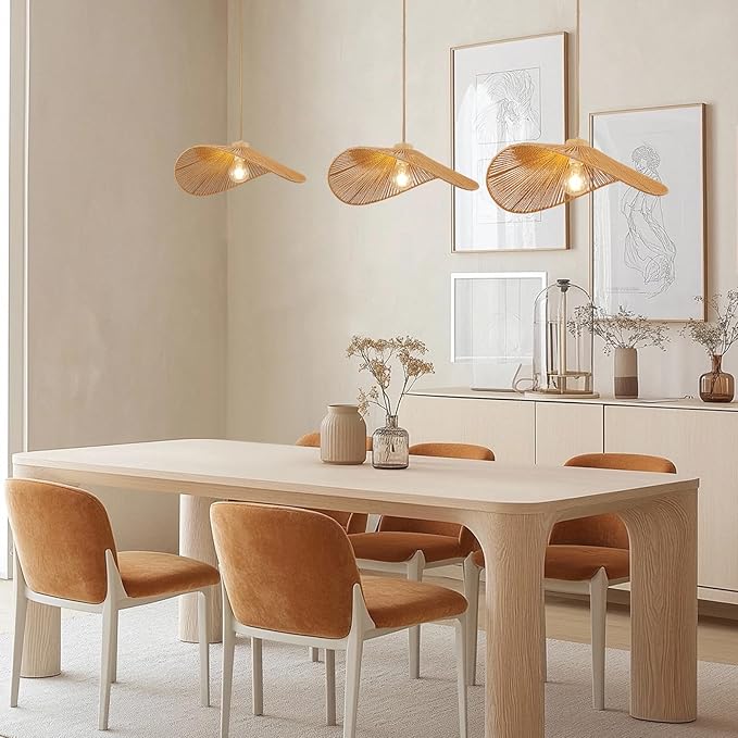 Boho Rattan Pendant Light Fixture Modern Style Hanging Light Bohia Natural Bamboo Handmade2-Light Hanging Lamp for Farmhouse Bedroom Living Room Dining Room M Size