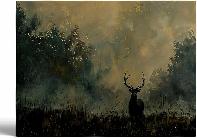 Antique Deer Wall Art Prints,Rustic Deer Painting,Vintage Woodl and Wildlife Poster,Landscape Painting Cabin Decor,Hunting Print