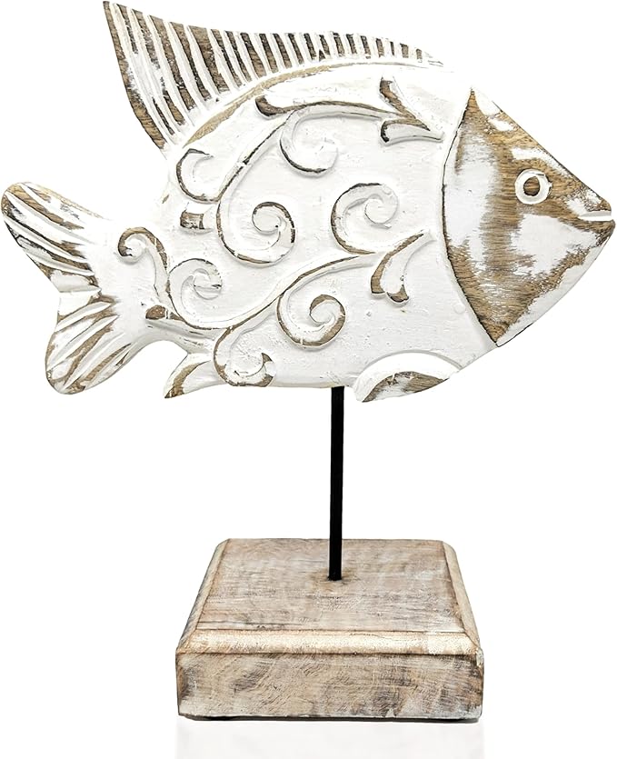 Beau Butter Fish Statue on Base Stand | Handmade Wooden Fish Sculpture for Nautical Beach House Rustic Centerpiece Table Decor for Office, Living Room